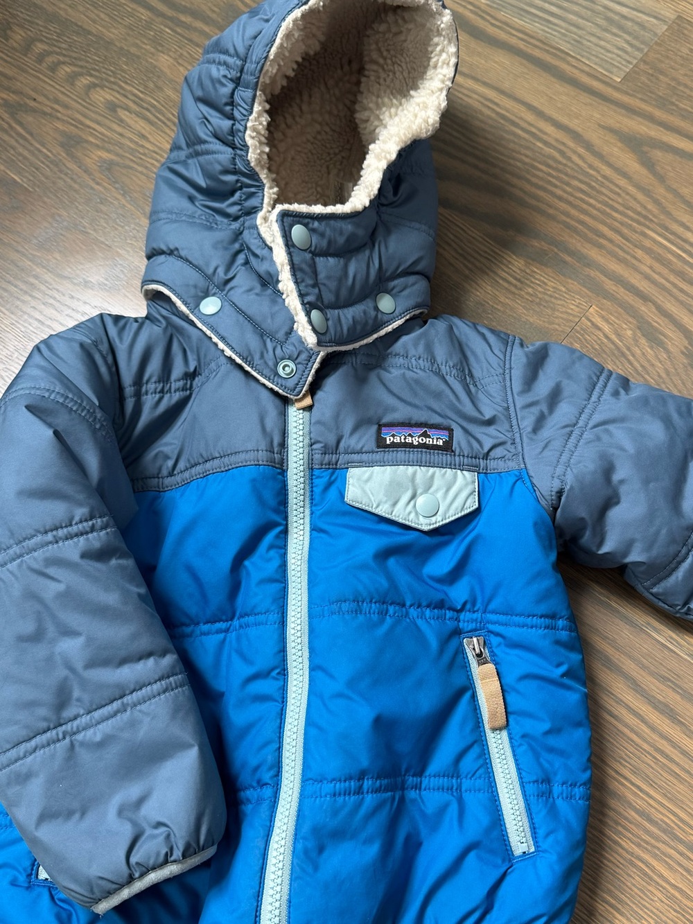 Patagonia Kids Blue Puffer Jacket with Sherpa Reversible Inside - 3T